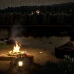 Campfire by the Lake – crackling fire sounds | Bonfire & Crickets & Frog sounds 8 hours