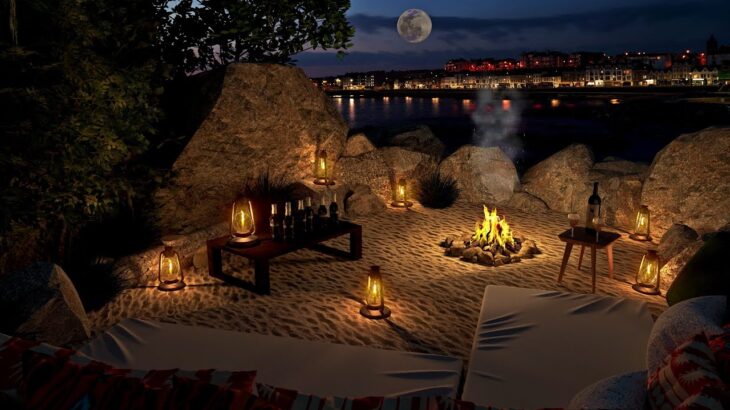 City’s Night View and Beach #Campfire | #waves & #bonfire sound | #seagull sounds – 8 Hours