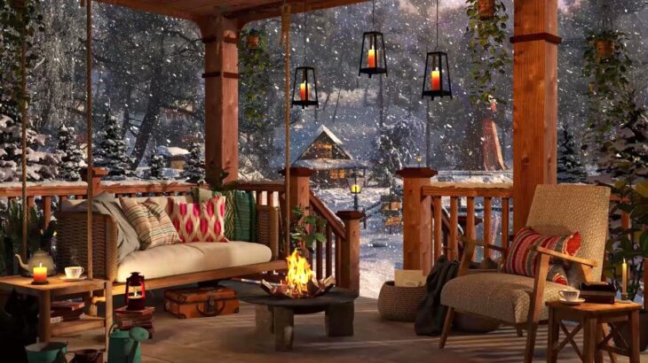 Winter Cozy Porch in Mountains with Bonfire, Snow Falling & Blizzard Sounds